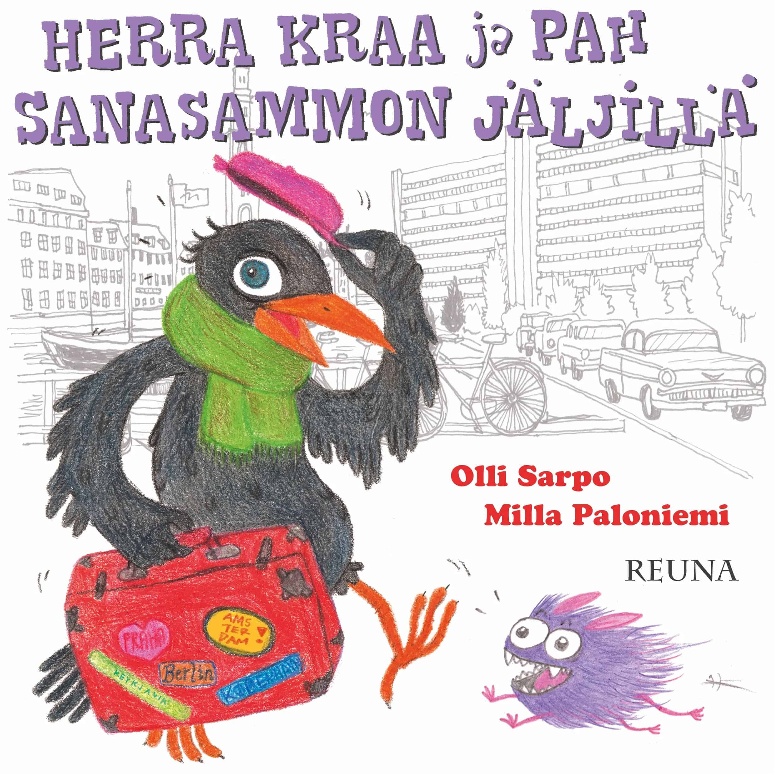 Herra Kraa ja Pah Sanasammon jäljillä -kirjan kannessa on piirros korpista, jolla on hattu päässä, huivi kaulassa ja matkalaukku kädessä. Korpin vieressä säntää pieni violetti nelijalkainen karvapallo. Taustalla näkyy kaupunkimaisemaa ja vanhanaikaisia autoja.