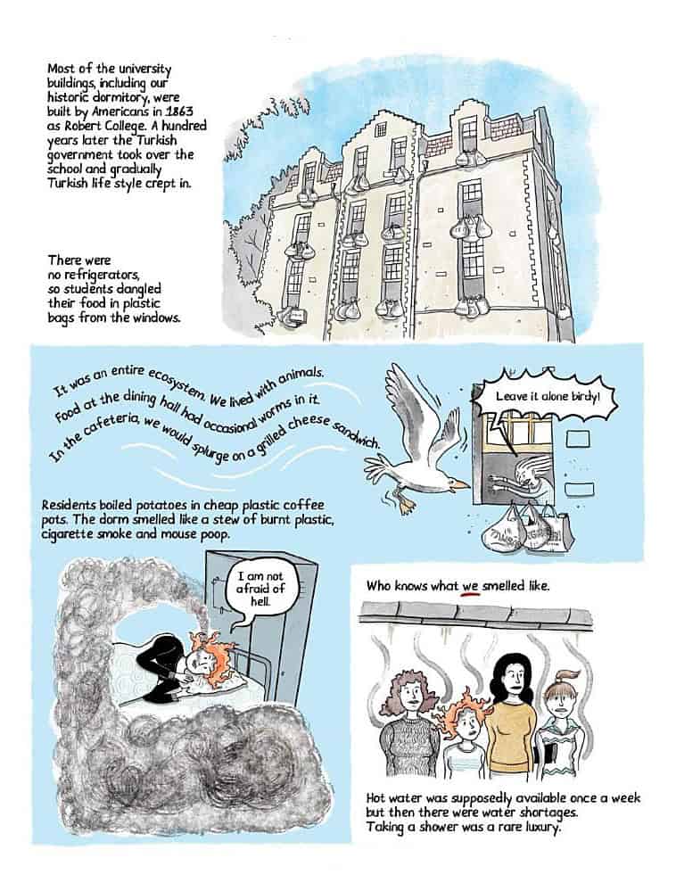 Sarjakuvasivu. Ensimmäisessä kuvassa kuvataan asuntolarakennusta, jonka avoimista ikkunoista roikkuu muovipusseja.
Toisessa kuvassa iso lokin näköinen lintu lentää kohti kasseja ja ihminen ikkunassa hätistelee lintua pois: "Leave it alone birdy!"
Kolmannessa kuvassa nainen nukkuu vuoteella savun ympäröimänä ja toteaa: "I am not afraid of hell."
Neljännessä kuvassa neljä naista seisoo rivissä ja heistä nousee pahaa hajua kuvaavia kiehkuroita.