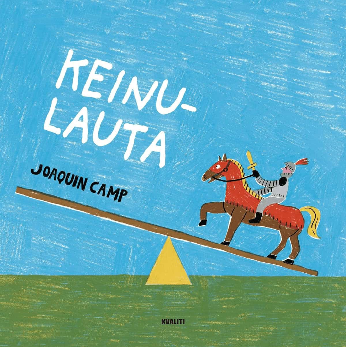Keinulauta-kirjan kannessa on vihreää maata, sininen taivas ja keltaisen kolmion päälle aseteltu keinulauta. Ritari on ratsastanut hevosellaan keinulaudan päälle. Laudan toisessa päädyssä on koholla kirjan ja kirjailijan nimi.