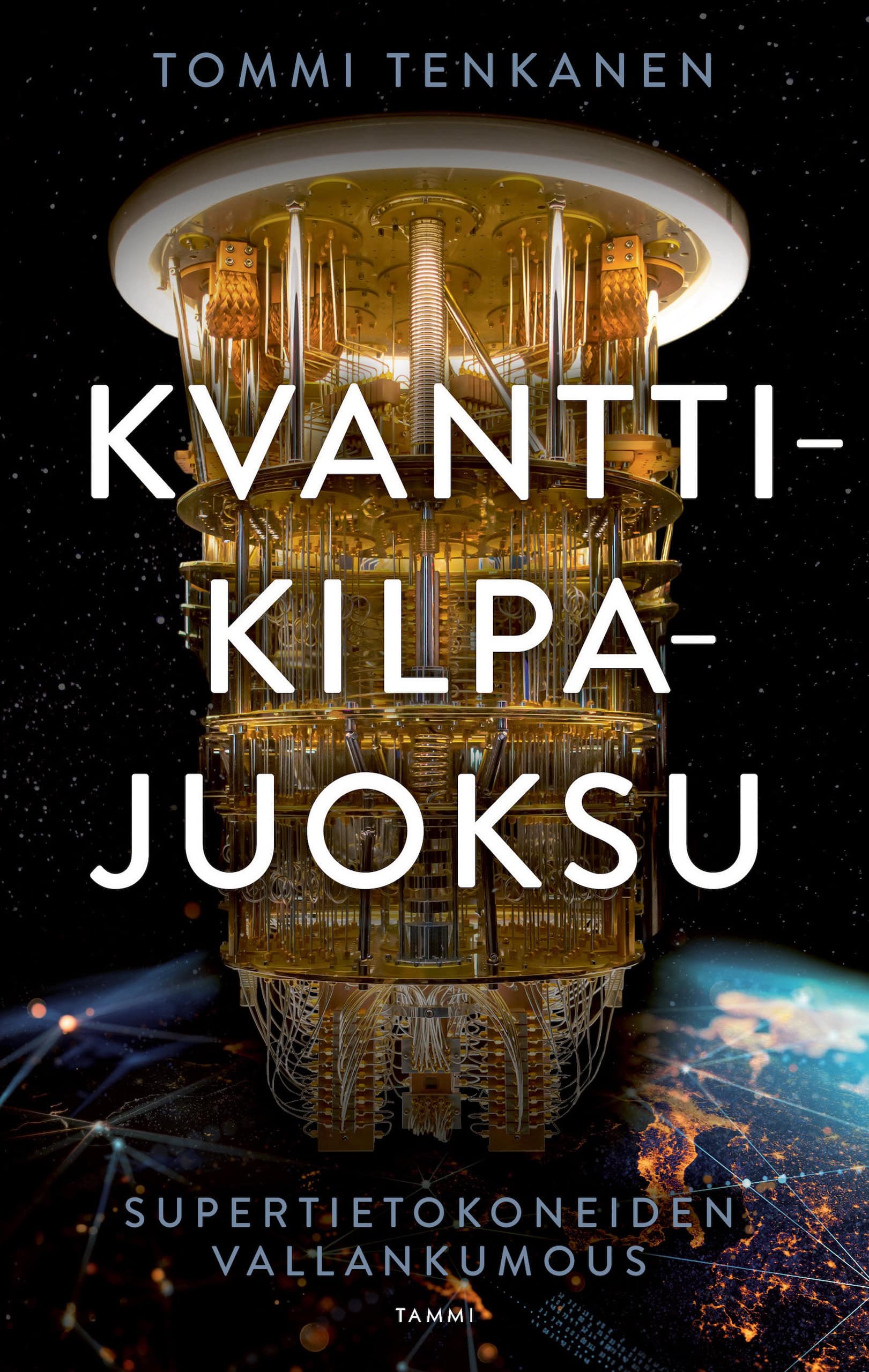 Kvanttikilpajuoksu-kirjan kannessa on jokin monimutkainen huipputeknologinen laite. Taustalla näkyy avaruutta ja maapallon pintaa. Maapallolla on yö ja kaupunkien valaistus näkyy: kuvasta erottuu ainakin Italia. Maapallon pinnalle on piirretty jonkun verkoston solmuja.