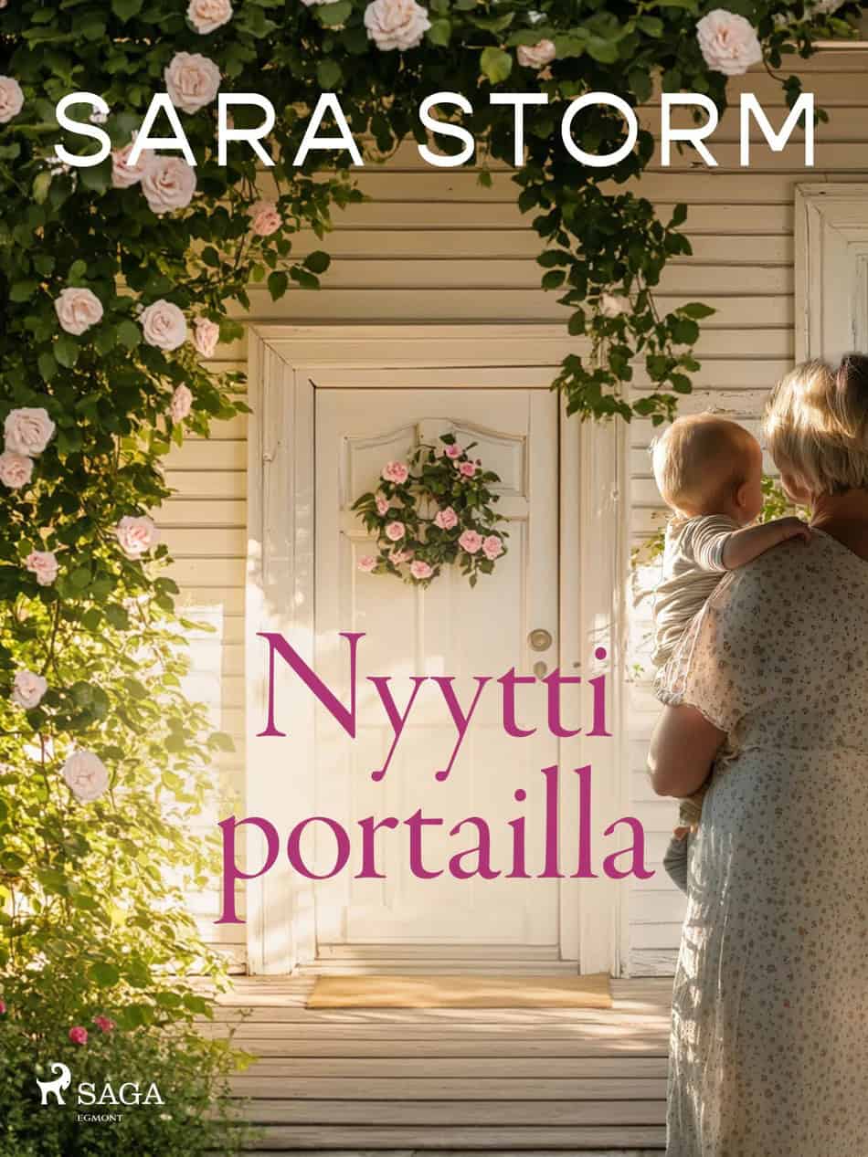 Nyytti portailla -kirjan kannessa on asunnon ovi, jota lähestyy nainen, joka kantaa sylissään pikkulasta.