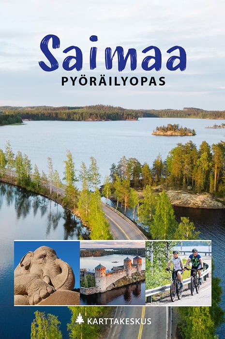 Saimaa : Pyöräilyopas -kirjan kannessa on valokuva järven halki kulkevasta tiestä ja sen päällä pienempiä kuvia hiekkanorsusta, Olavinlinnasta ja kahdesta pyöräilijästä.