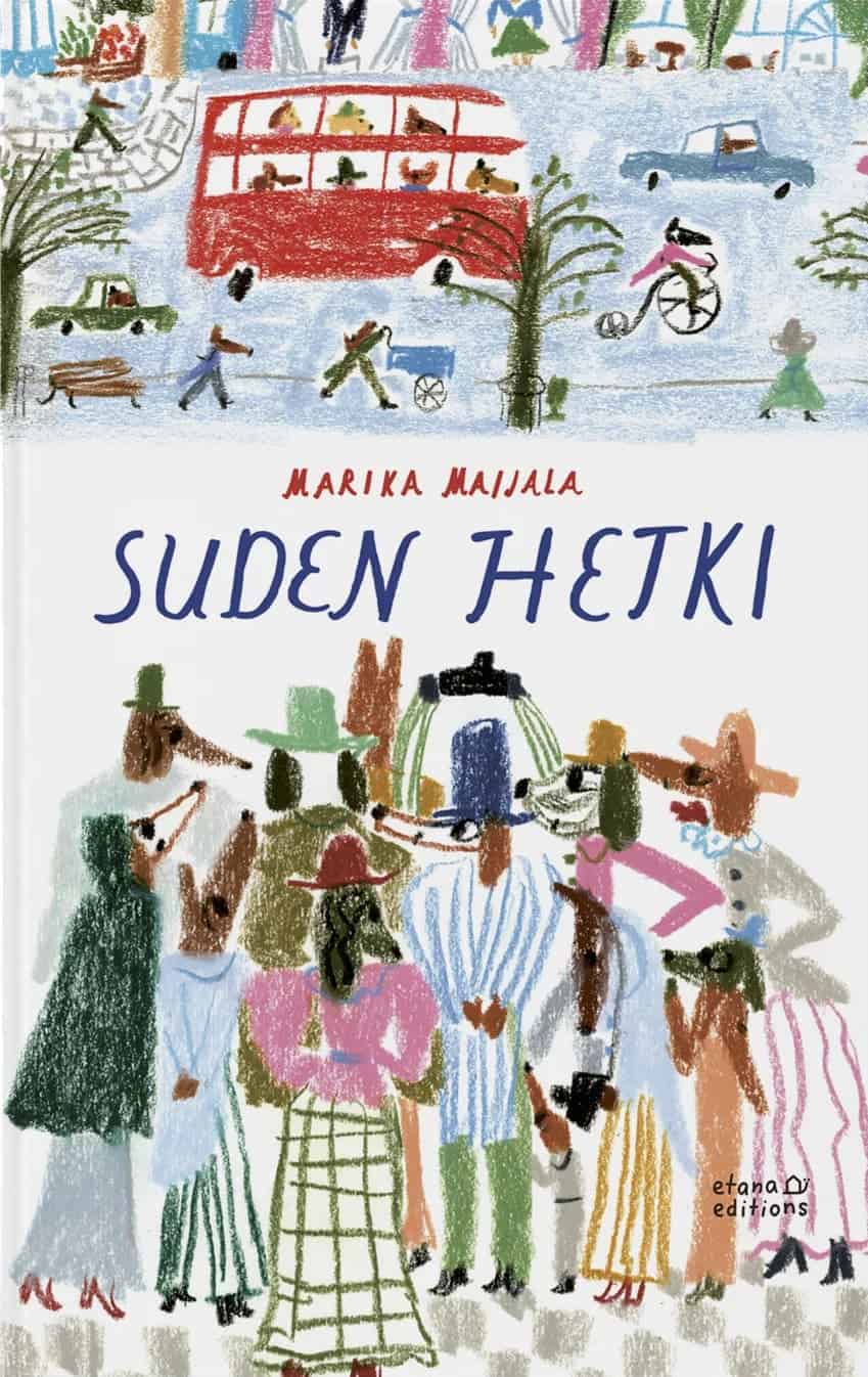 Suden hetki -kirjan väriliiduilla piirretyssä kannessa on yläreunassa kaupungin katu ja liikennettä (kaksikerrosbussi, lastenvaunut, penny-farthing-pyörä). Alareunassa on hienosti pukeutuneita koiraihmisiä katselemassa jotakin.