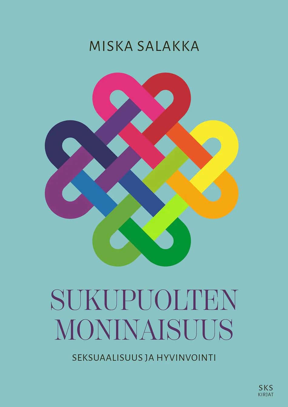 Sukupuolten moninaisuus -kirjan kannessa on sateenkaarivärinen solmukuvio turkoosilla taustalla.