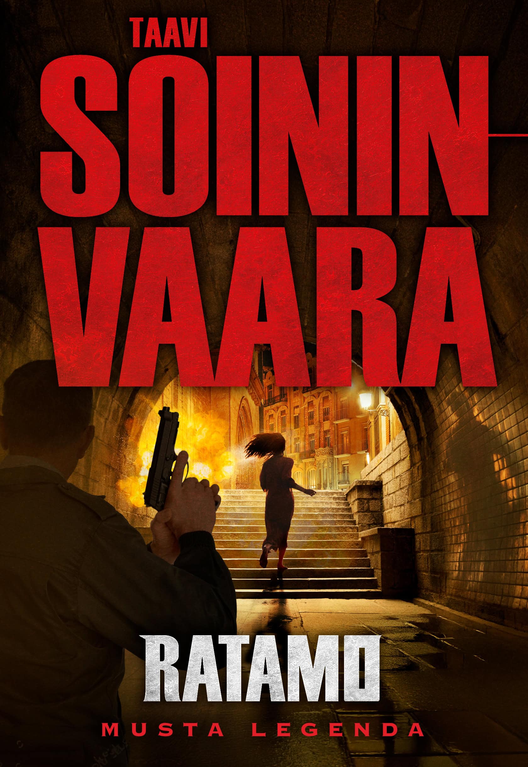 Musta legenda -kirjan kannessa nainen juoksee alikulkukäytävässä pois päin ja portaita ylös, perässään pistoolia kädessään pitävä mies.