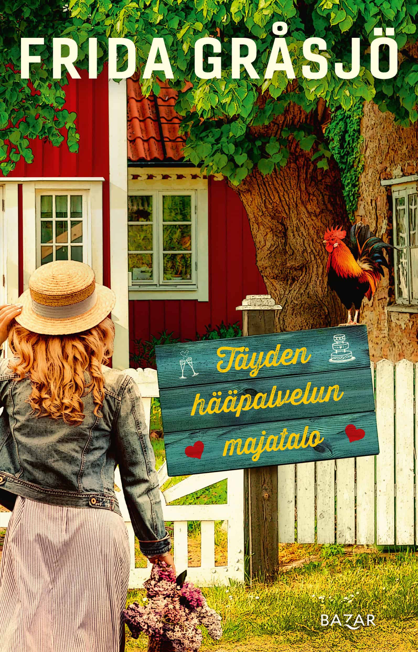 Täyden hääpalvelun majatalo -kirjan kannessa on valokuva takaapäin kuvatusta naisesta lähestymässä punaista puutaloa, jonka edessä on kyltti "Täyden hääpalvelun majatalo".