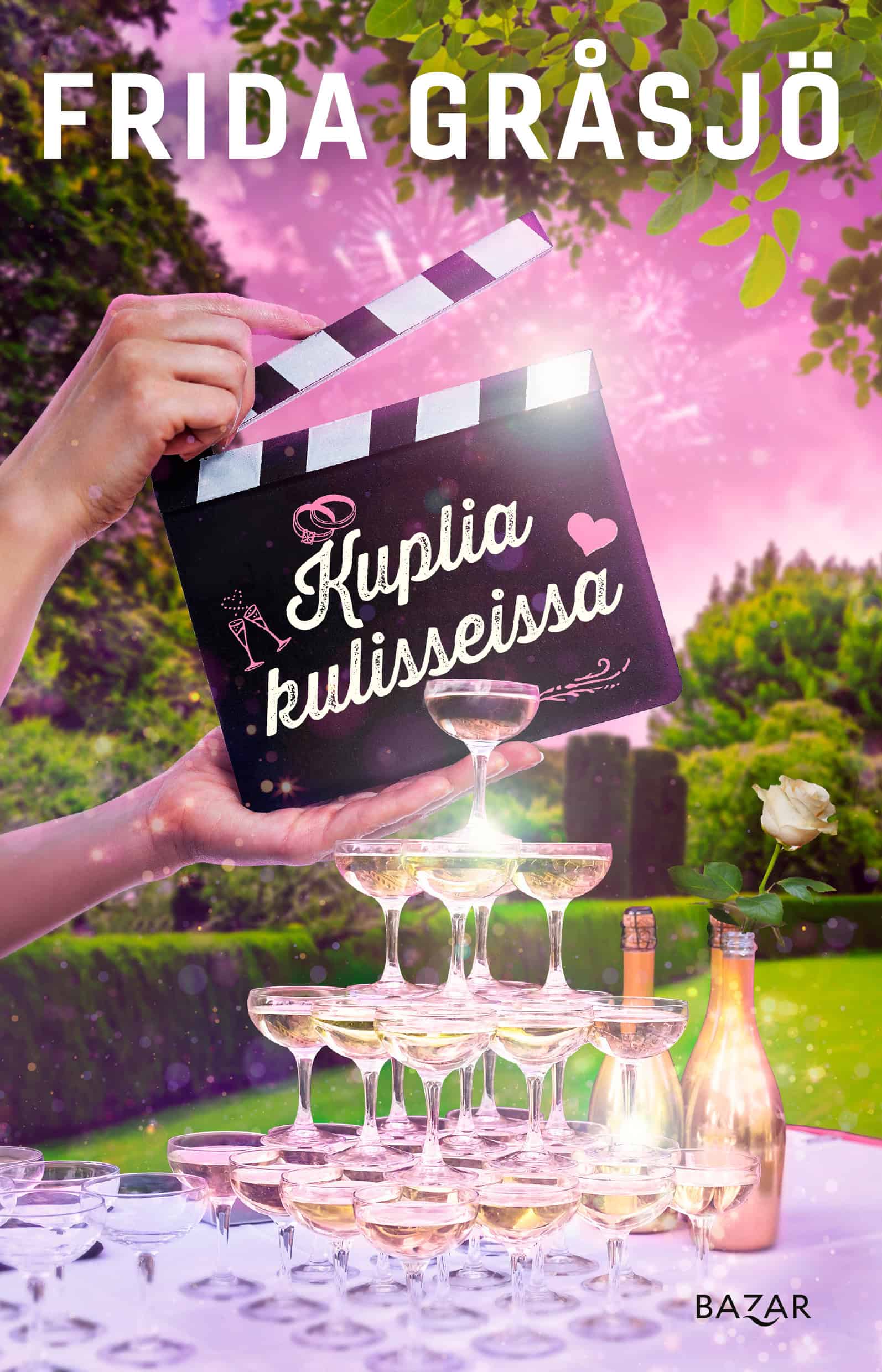 Kuplia kulisseissa -kirjan kannessa joku lyö klaffia. Klaffitaulun edessä on pöydällä samppanjalasitorni.