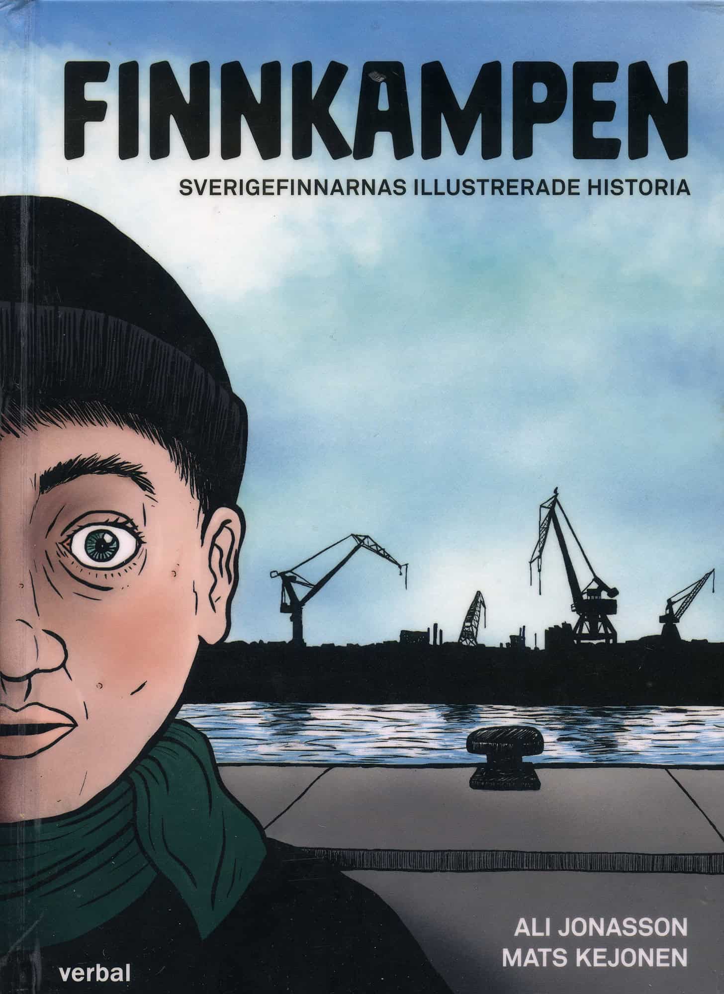 Finnkampen-sarjakuvan kannessa on piirros satamasta. Taustalla näkyy satamanostureita ja etualalla, kannen reunassa, on puolet ihmisen kasvoista.