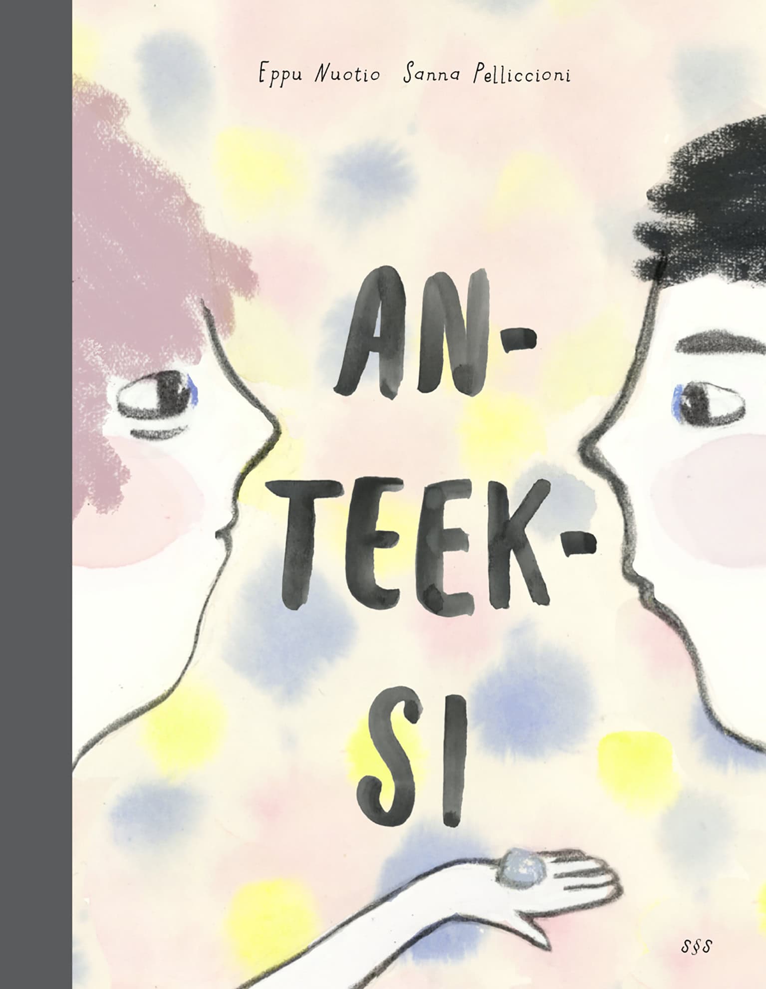 Anteeksi-kirjan kannessa kaksi lasta katsoo toisiaan silmiin kannen molemmin puolin ja vasemmalla puolella oleva tyttö ojentaa kättään kohti oikealla olevaa poikaa. Tytöllä on kämmenellään pieni kivi.