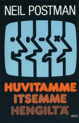 Huvitamme itsemme hengiltä -kirjan kannessa on vanhanaikaisen televisioruudun muotoinen kuvio, jossa viivapiirroksessa ihmisten kasvoja kuvaavien viivojen ilme muuttuu onnellista kuolleeksi.