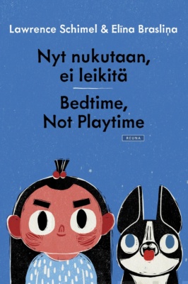 Nyt nukutaan, ei leikitä -kirjan kannessa on piirros tytöstä ja koirasta.