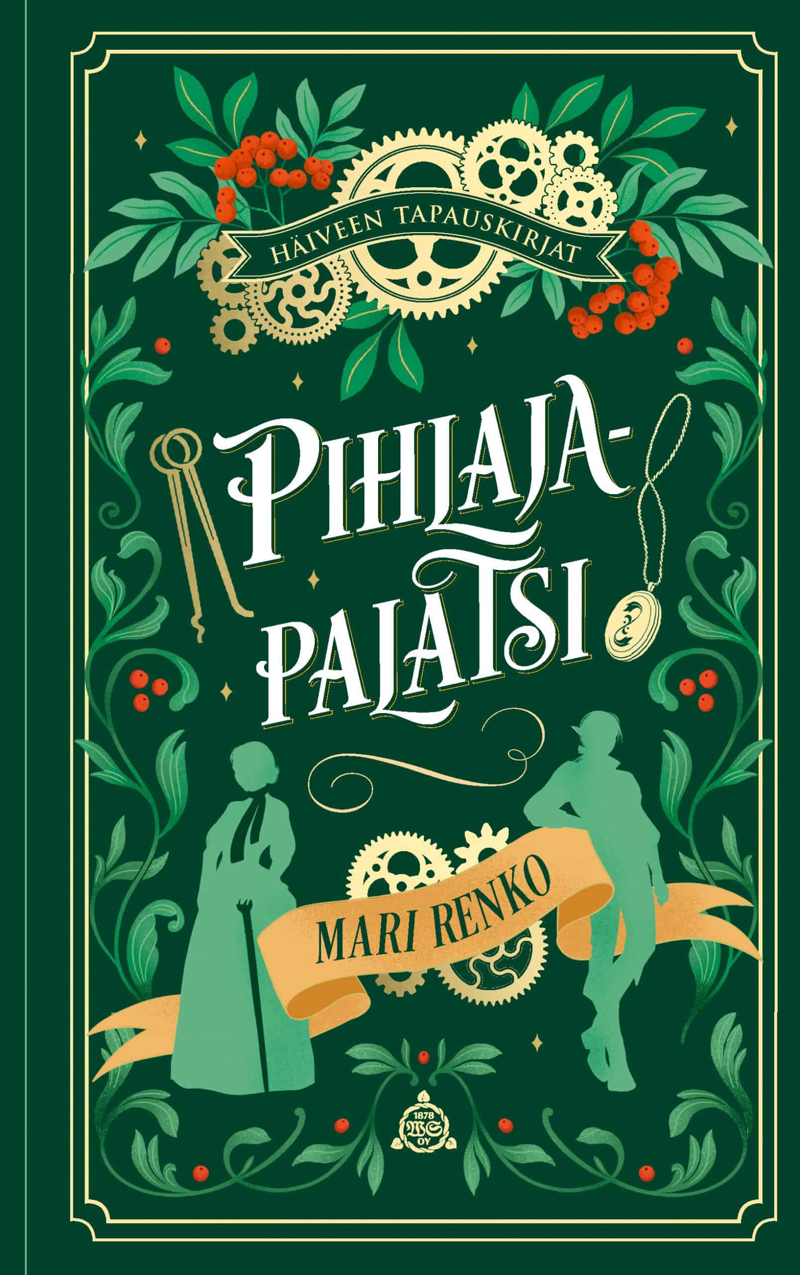 Pihlajapalatsin vihreässä kannessa on kasviaiheista koristekuviointia, hammasrattaita, koruja, tiirikoita ja aatelisnaisen ja keijuvarkaan siluetit.