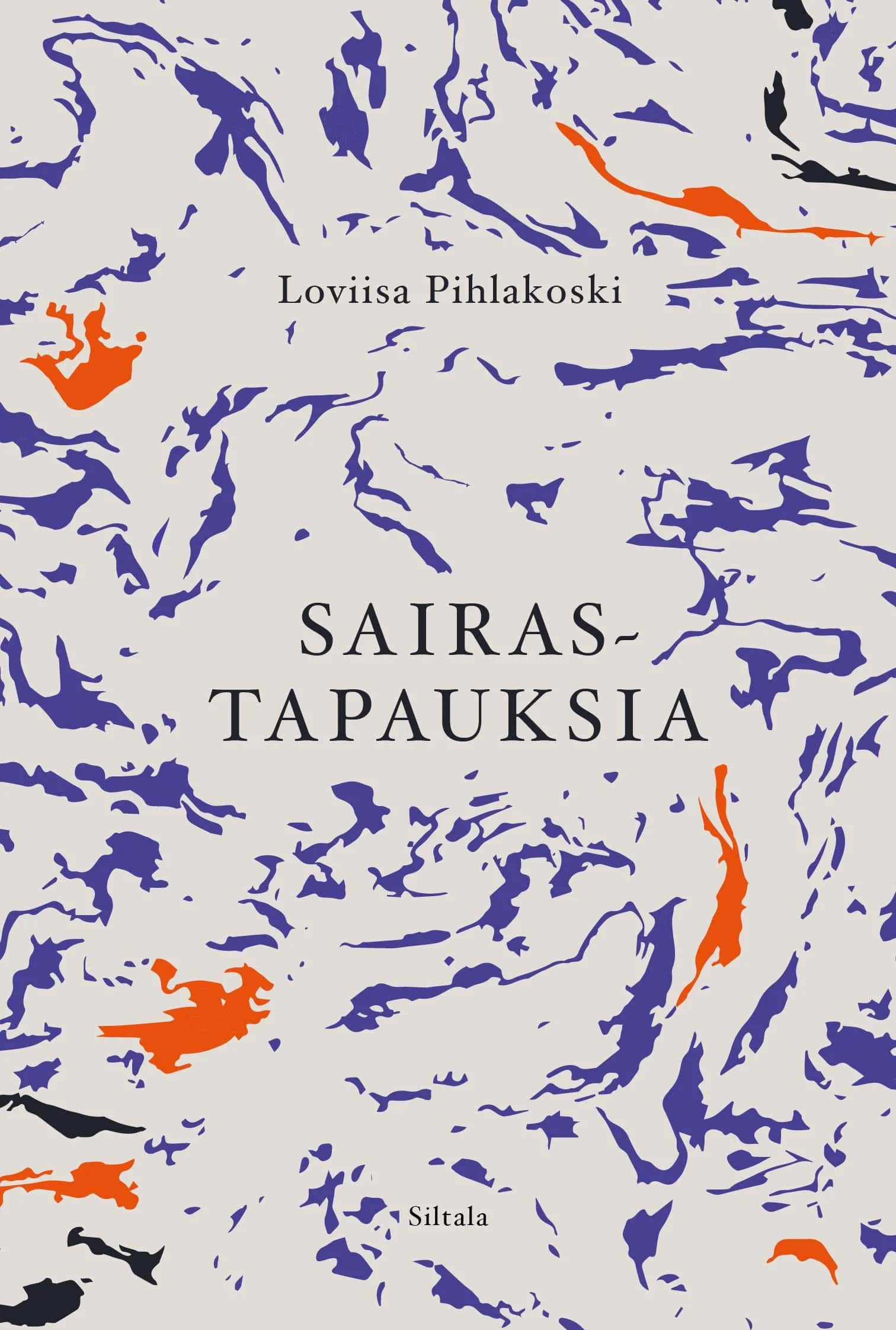 Sairastapauksia-kirjan kannessa on valkoisella pohjalla enimmäkseen sinisiä kiemuraisia kuvioita. Osa kuvioista on oransseja ja osa mustia.