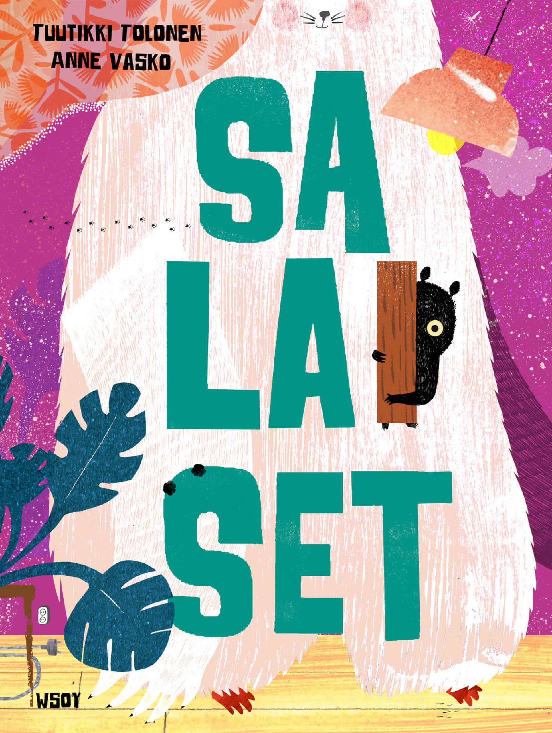 Salaiset-kirjan kannessa on isokokoinen vaalea karvainen otus seisomassa olohuonessa osin verhon, kattolampun ja peikonlehden takana piilossa. Otuksen päällä on kirjan nimi isoin turkoosein kirjaimin. I-kirjain on ruskea ja puukuvioitu, ja sen takaa kurkistaa jokin pieni musta otus.