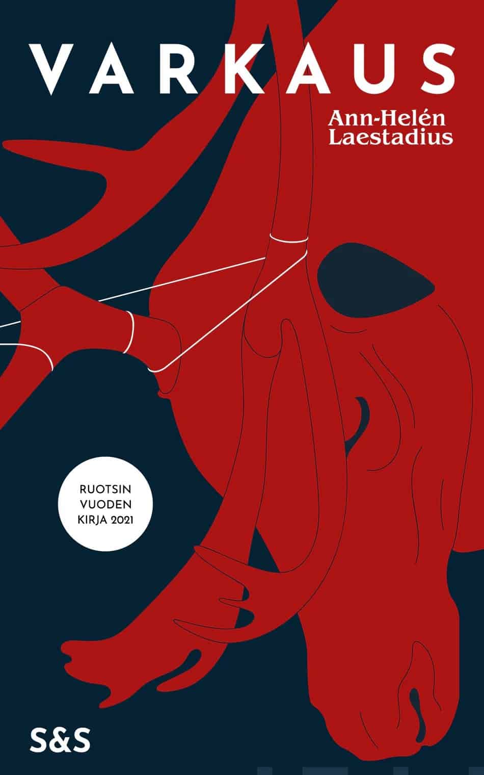 Varkaus-kirjan kannessa on piirros poron päästä. Poro on väriltään tasaisen punainen ja sen sarvissa kiertää valkoinen lanka.