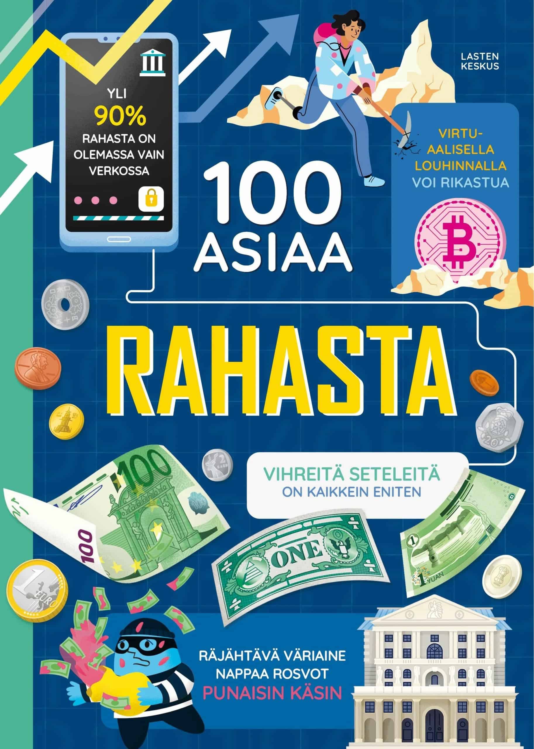 100 asiaa rahasta -kirjan kannessa on erilaisia kolikoita, seteleitä, piirros pankkirosvosta jonka sylissä oleva rahasäkki räjähtää väriaineesta, älypuhelin, Bitcoinin logo ja hakkua heiluttava louhija.