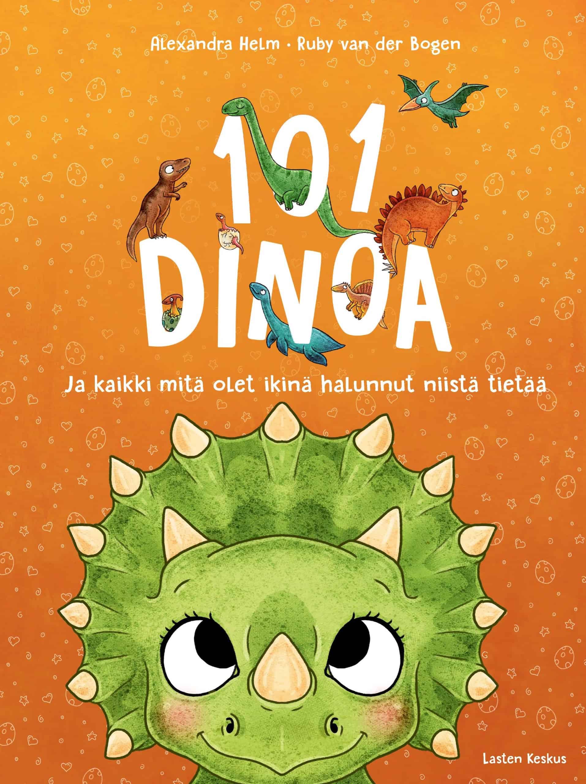 101 dinoa -kirjan kannessa on piirros isosilmäisestä triceratops-dinosauruksesta.