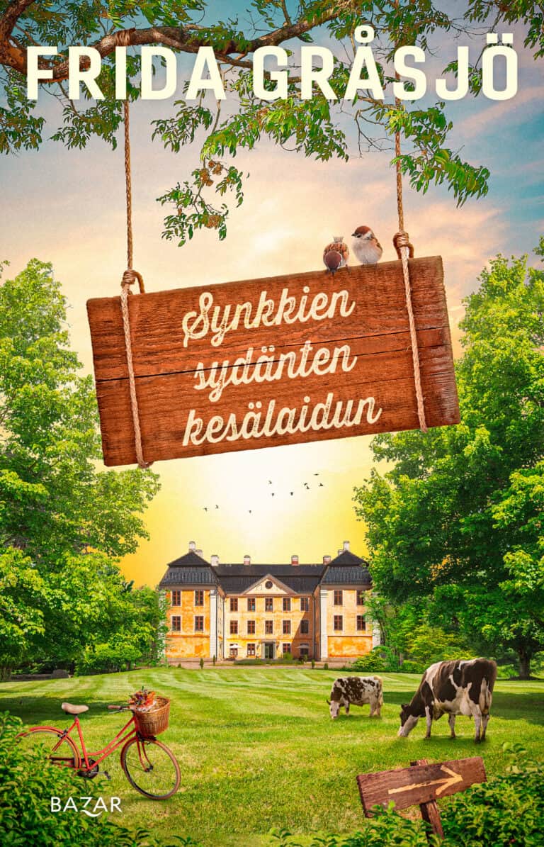 Synkkien sydänten kesälaidun -kirjan kannessa on upea kartano, isoja puita ja laaja pihanurmikko, jossa on kaksi lehmää ja polkupyörä.