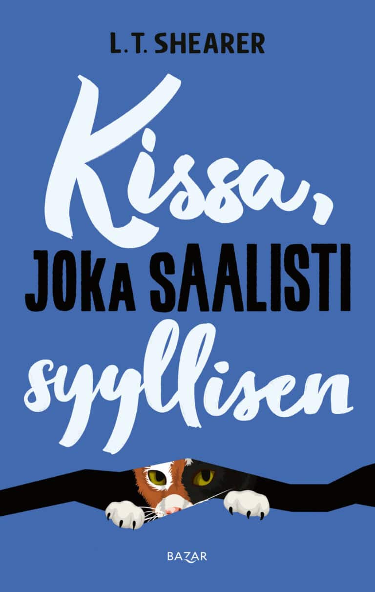 Kissa, joka saalisti syyllisen -kirjan kannessa on piirros kapeasta raosta kurkistavasta kilpikonnavärisestä kissasta.