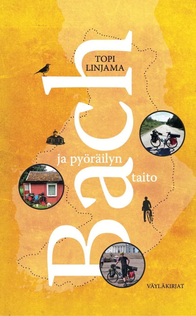 Bach ja pyöräilyn taito -kirjan kannessa on keltaisella taustalla vaaleamman keltainen Suomen muoto, johon on piirretty pyöräilyreitti Joensuusta Rovaniemelle, rannikolta Tampereelle ja sieltä Turun, Helsingin ja Imatran kautta takaisin Joensuulle. Kannessa on myös kolme pientä pyöreää vinjettikuvaa polkupyörästä.