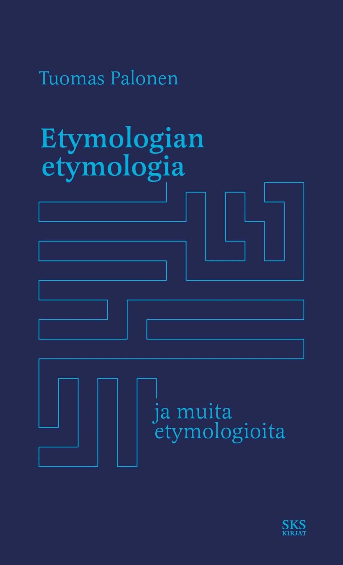 Etymologian etymologia -kirjan sinisävyisessä kannessa on suorakulmainen labyrintti, joka johtaa kirjan nimestä sen alaotsikkoon.