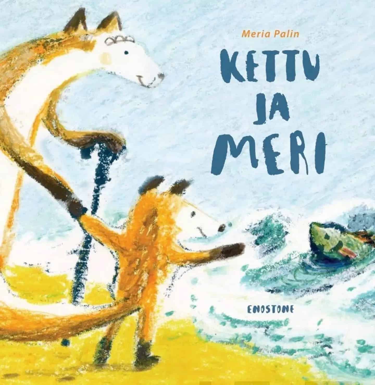 Kettu ja meri -kirjan piirroskannessa vanha kettu ja lapsikettu seisovat rannassa katsellen merta, jossa aaltojen seassa on kala.