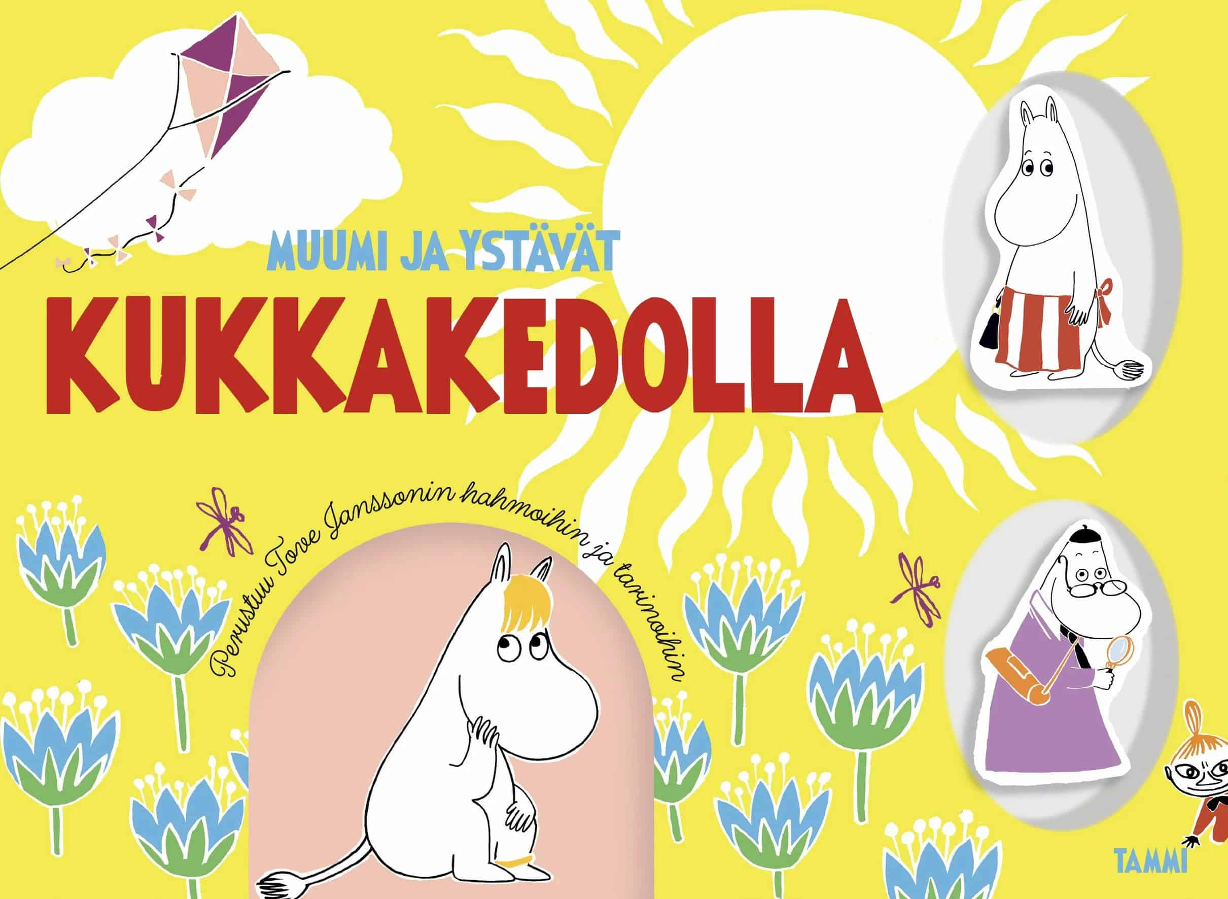 Kukkakedolla-kirjan kannessa on keltaisella taustalla sinisiä kukkia, Niiskuneidin, Muumimamman ja Hemulin kuvat.