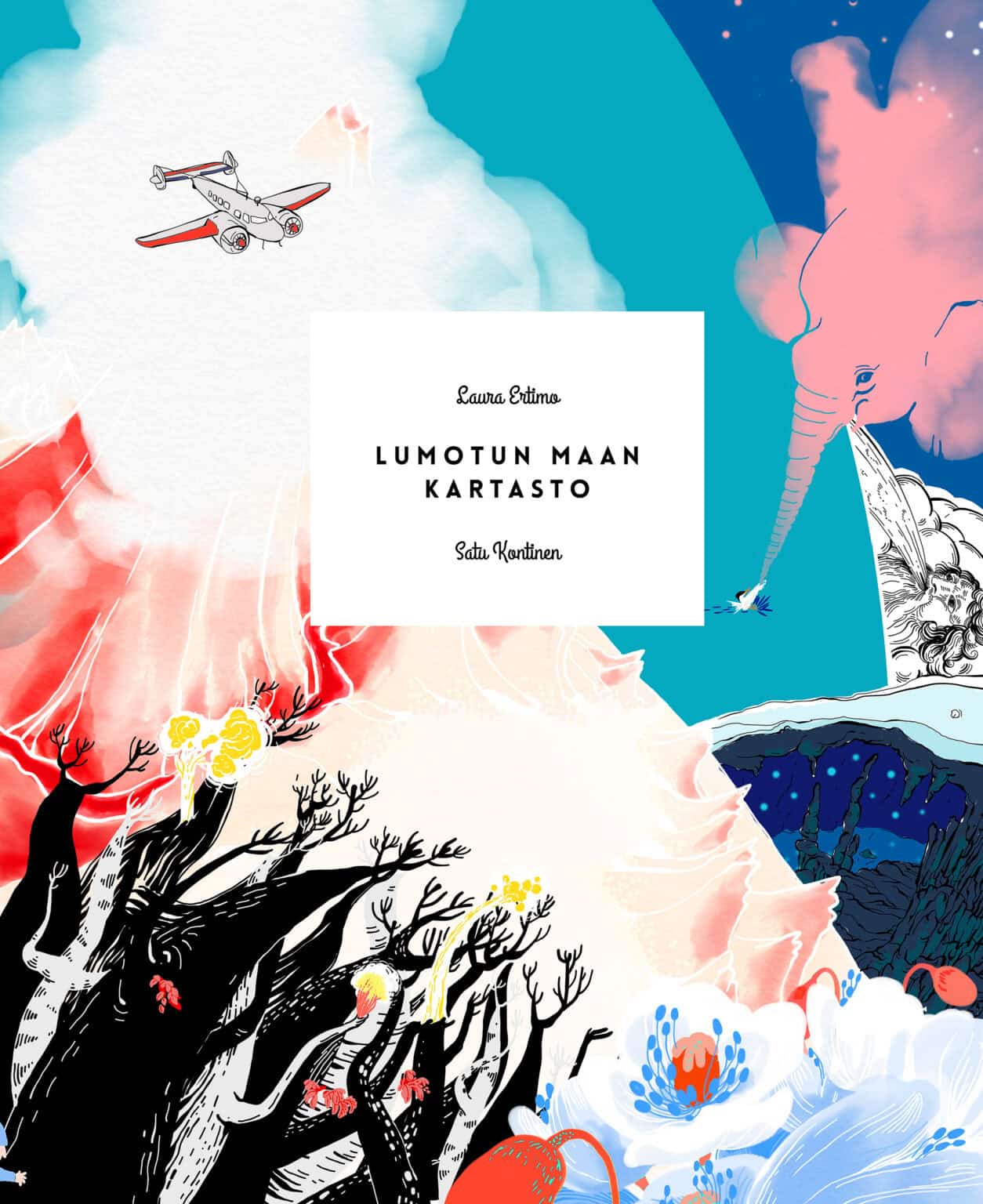 Lumotun maan kartasto -kirjan kannessa on piirros lentokoneesta lentämässä taivaalla puiden, kukkien ja vuorten yllä.
