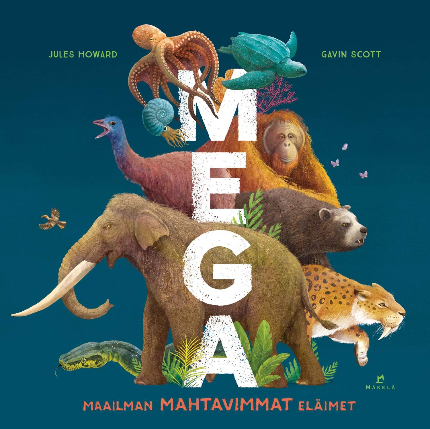 MEGA-kirjan kanteen on piirretty megafaunaa: norsu, sapelihammaskissa, karhu, iso oranki, käärme, norsulintu, kilpikonna ja tursas.