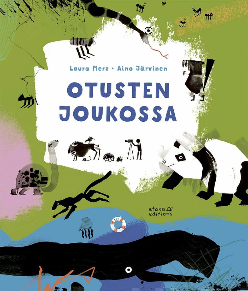 Otusten joukossa -kirjan kannessa on paljon erilaisia eläimiä kuvitettuna Laura Merzin omaperäisellä, vähän karkealla kuvitustyylillä.