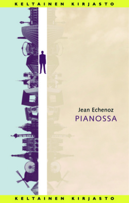 Pianossa-kirjan kannessa on reunassa kapea suikale Pariisin taivaanrantaa pystyssä, sitten kapea valkea raita jossa on ihmisen siluetti, ja sitten yli puolet kannesta Pariisin taivaanrannan haaleanbeigeä heijastumaa.