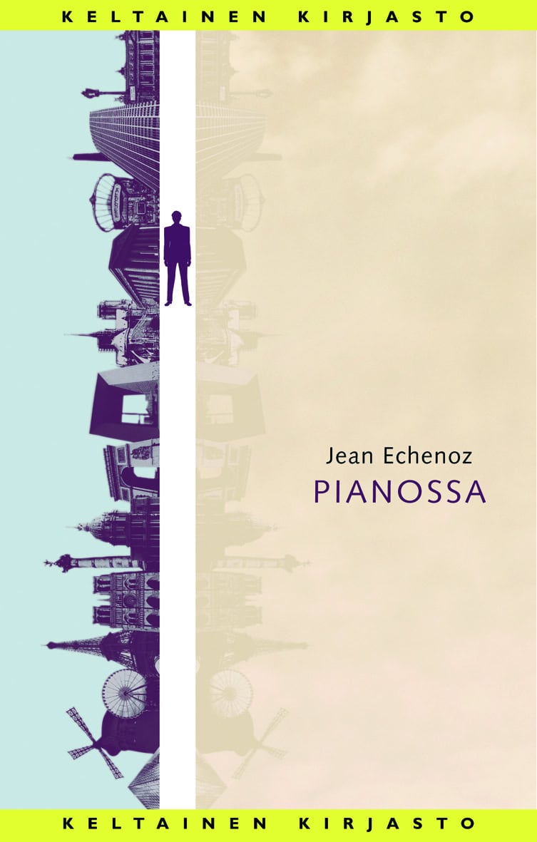 Pianossa-kirjan kannessa on reunassa kapea suikale Pariisin taivaanrantaa pystyssä, sitten kapea valkea raita jossa on ihmisen siluetti, ja sitten yli puolet kannesta Pariisin taivaanrannan haaleanbeigeä heijastumaa.