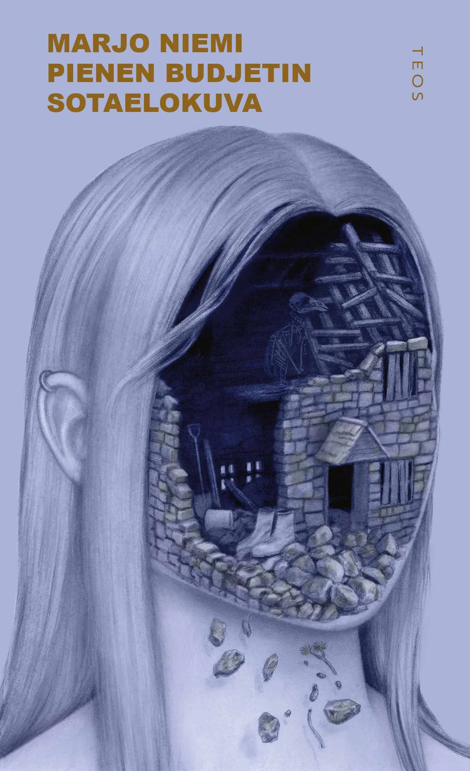 Pienen budjetin sotaelokuva -kirjan kannessa on Pauliina Mäkelän piirros pitkähiuksisen ihmisen päästä, jossa kasvojen tilalla on näkymä pään sisällä oleviin kivisen talon raunioihin.