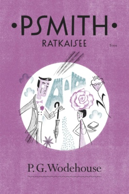 Psmith ratkaisee -kirjan kannessa on violetilla taustalla valkoinen ympyrä, jossa piirros herrasmiehestä, jolla on monokkeli ja sateenvarjo, ja naisesta, jolla on iso kukka päänsä päällä.