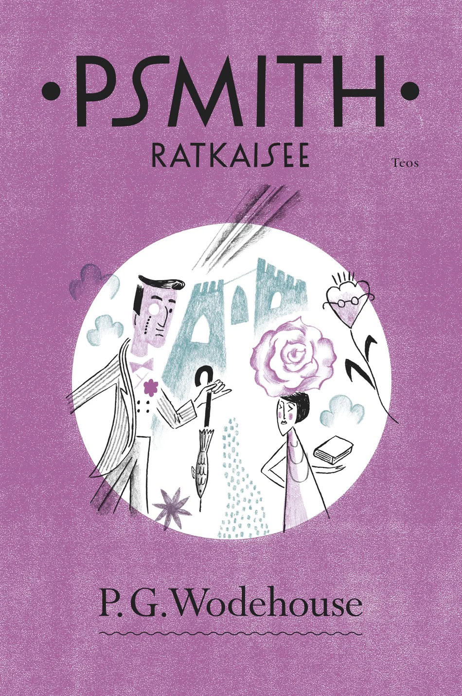 Psmith ratkaisee -kirjan kannessa on violetilla taustalla valkoinen ympyrä, jossa piirros herrasmiehestä, jolla on monokkeli ja sateenvarjo, ja naisesta, jolla on iso kukka päänsä päällä.