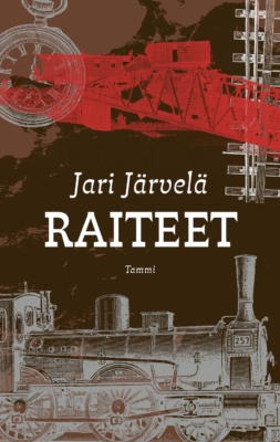 Raiteet-kirjan kannessa on piirros höyryveturista, taskukellosta ja rautatiekiskoista.