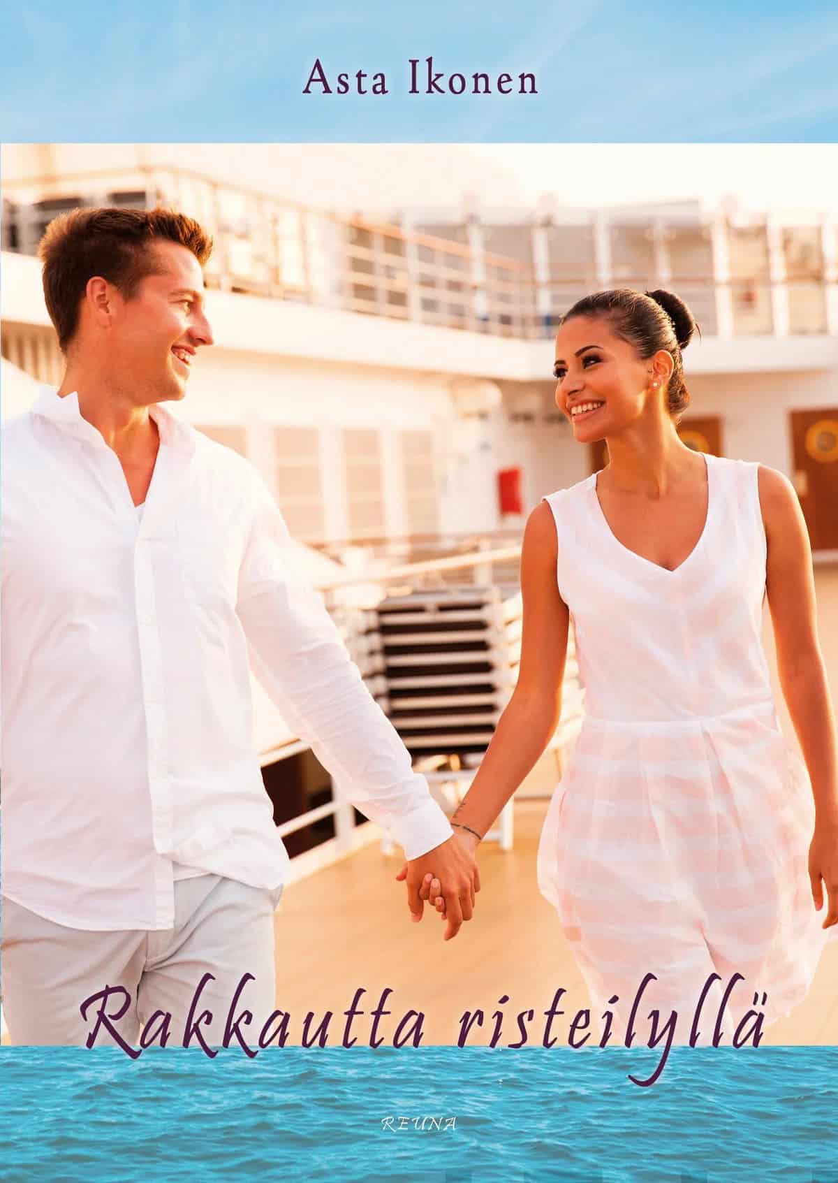 Rakkautta risteilyllä -kirjan kannessa on valokuva miehestä ja naisesta valkoisissa vaatteissa lämpimässä auringonvalossa risteilyaluksen kannella. He pitävät toisiaan kädestä ja katsovat toista silmiin.