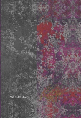 ~-kirjan kannessa on punaisen ja harmaan sekaista kuluneen ja rouhean näköistä epätasaista pintaa.