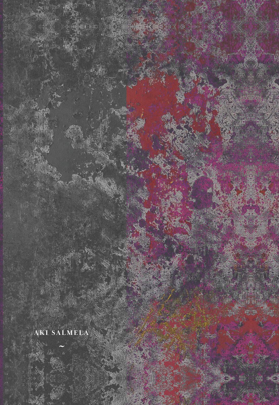 ~-kirjan kannessa on punaisen ja harmaan sekaista kuluneen ja rouhean näköistä epätasaista pintaa.