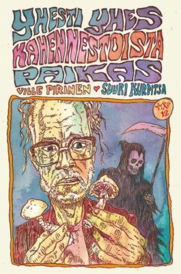 Yhesti yhes kahennestoista paikas -kirjan kannessa on piirros miehestä käsissään kaksi sientä. Miehen takana on kuolema viikatemiehen hahmossa.