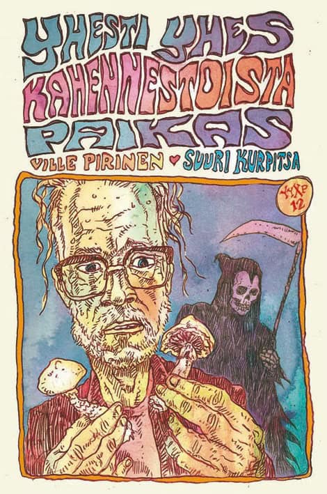 Yhesti yhes kahennestoista paikas -kirjan kannessa on piirros miehestä käsissään kaksi sientä. Miehen takana on kuolema viikatemiehen hahmossa.