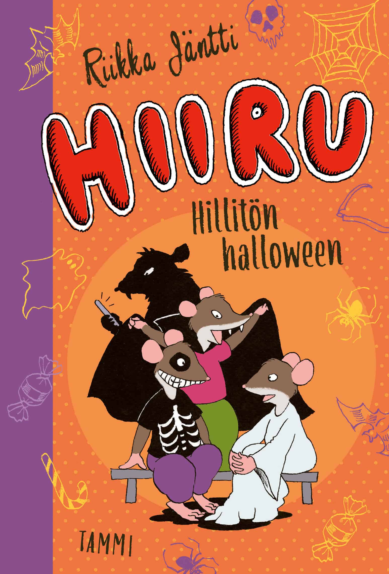 Hillitön halloween -kirjan kannessa on Hiiru ystävineen halloween-asuissaan.