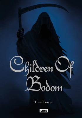 Children of Bodom -kirjan kannessa on musta viikatemiehen siluetti.
