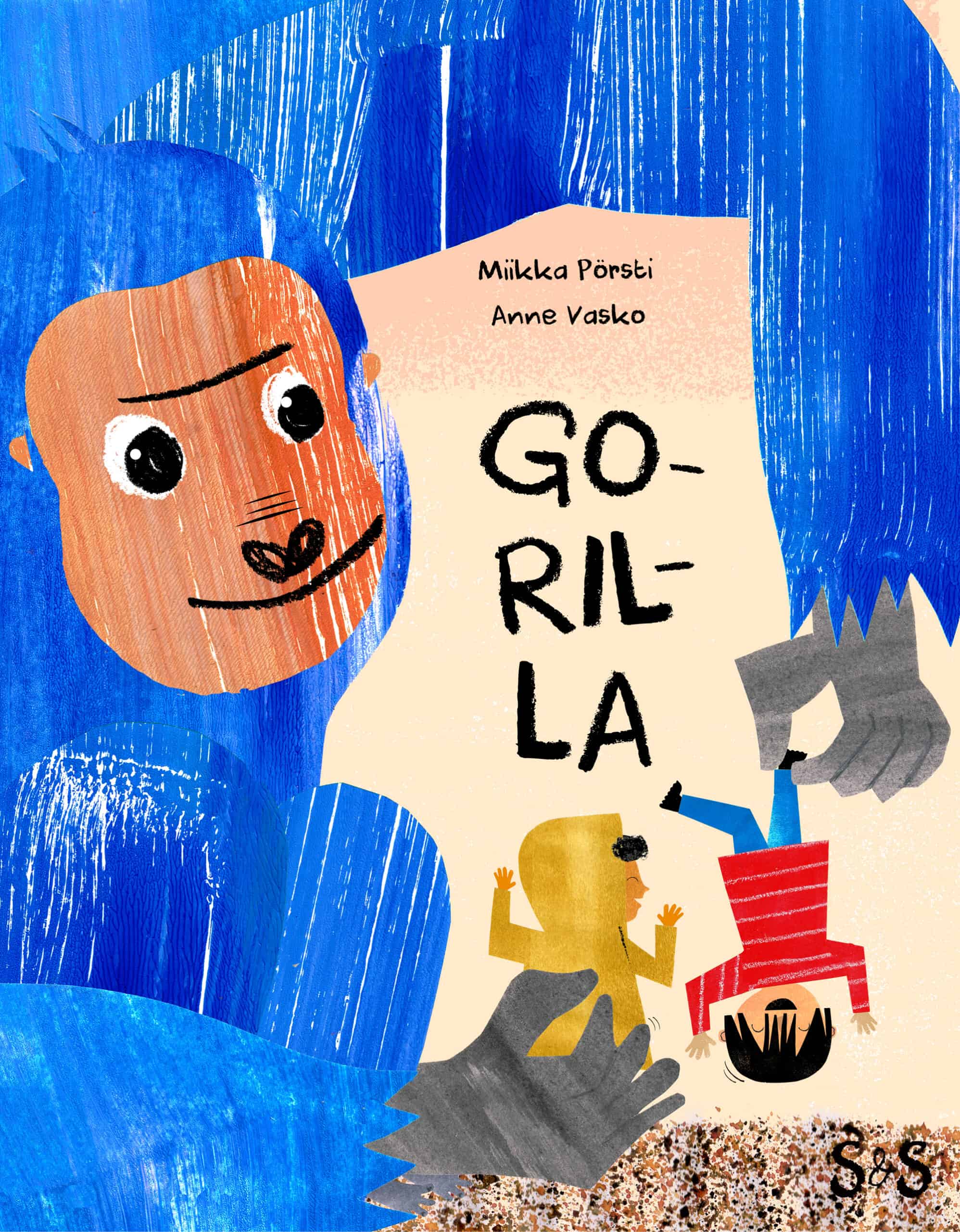 Gorilla-kirjan kannessa valtava sininen gorilla pitelee kahta lasta käsissään. Toista lapsista gorilla roikuttaa jalasta pää alaspäin.