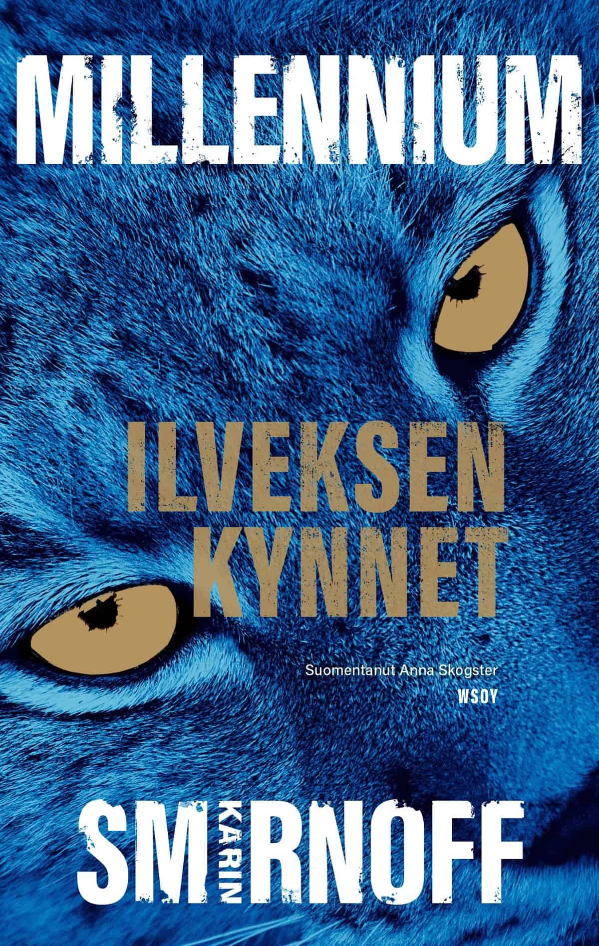 Ilveksen kynnet -kirjan kannessa on sinikseksi värjätty lähikuva ilveksen kasvoista.