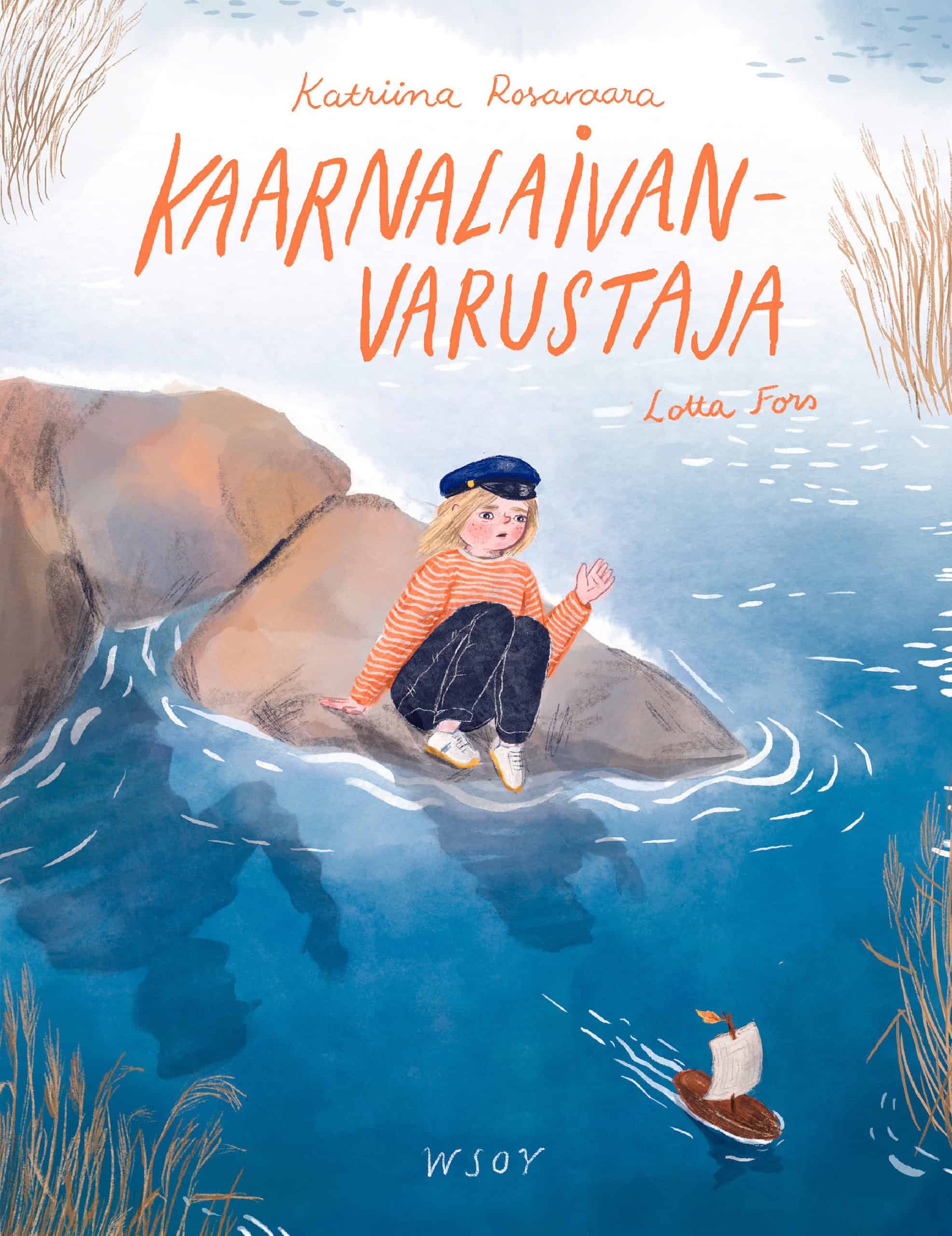 Kaarnalaivanvarustaja-kirjan kannessa lapsi istuu rantakivellä kapteeninlakki päässään ja katselee poispäin purjehtivan kaarnalaivan perään toinen käsi koholla.
