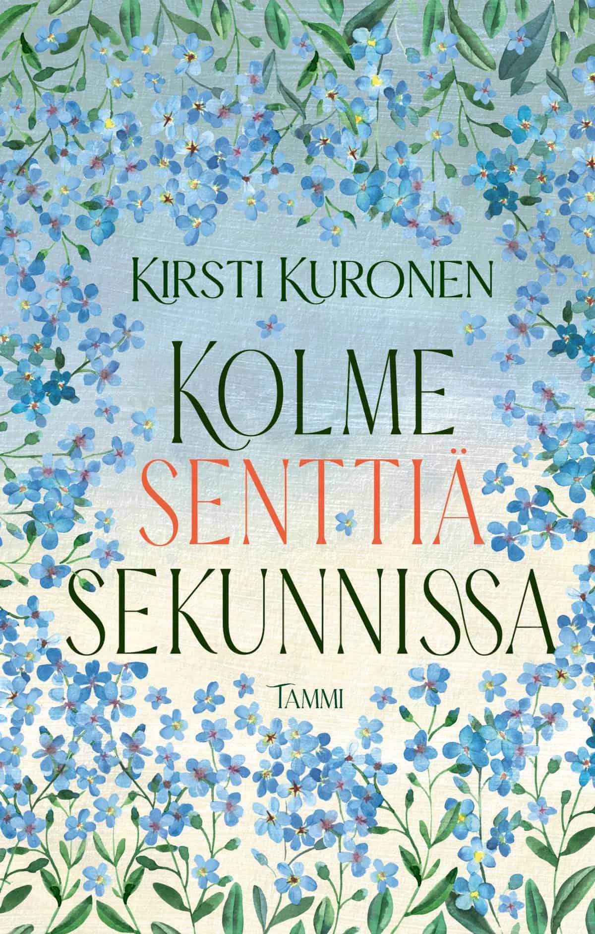 Kolme senttiä sekunnissa -kirjan kannessa kirjan nimeä ympäröivät joka puolelta tulevat siniset kukat.