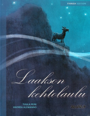 Laakson kehtolaulu -kirjan kannessa on öinen vuorenrinne, jossa vuohi seisoo pienellä kallionkielekkeellä.