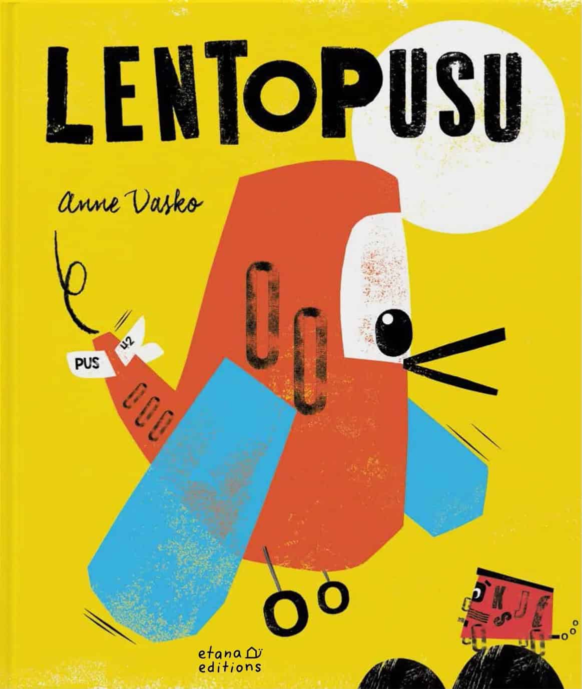 Lentopusu-kirjan kannessa on iso pikkulinnulta näyttävä lentokone ja pieni kirjastoauto kauempana kiven päällä.