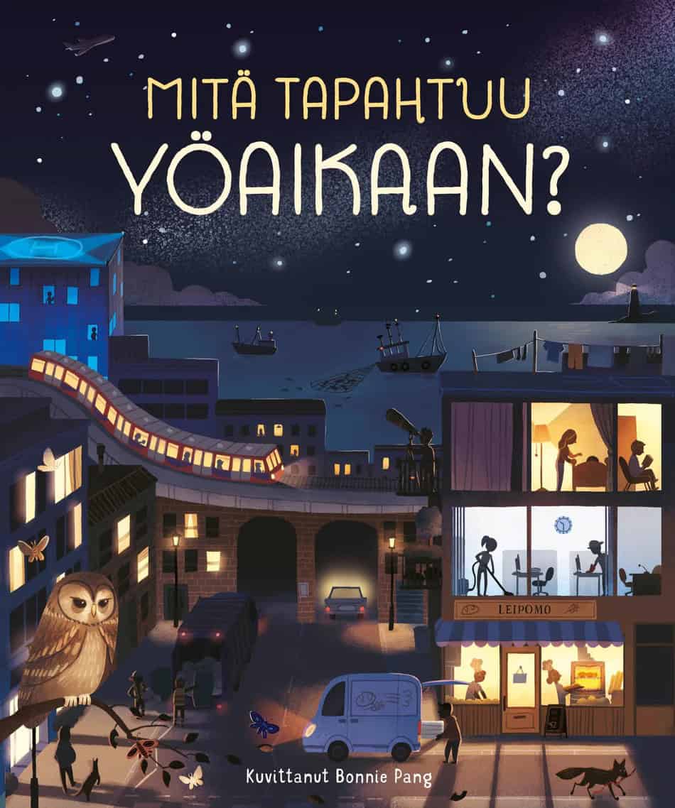 Mitä tapahtuu yöaikaan? -kirjan kannessa on öinen kaupunkinäkymä, jossa näkyy leipomotyöntekijöitä töissään, siivoajia toimistossa, öinen juna, kalastajia merellä, pöllö etualalla ja paljon muuta touhua.